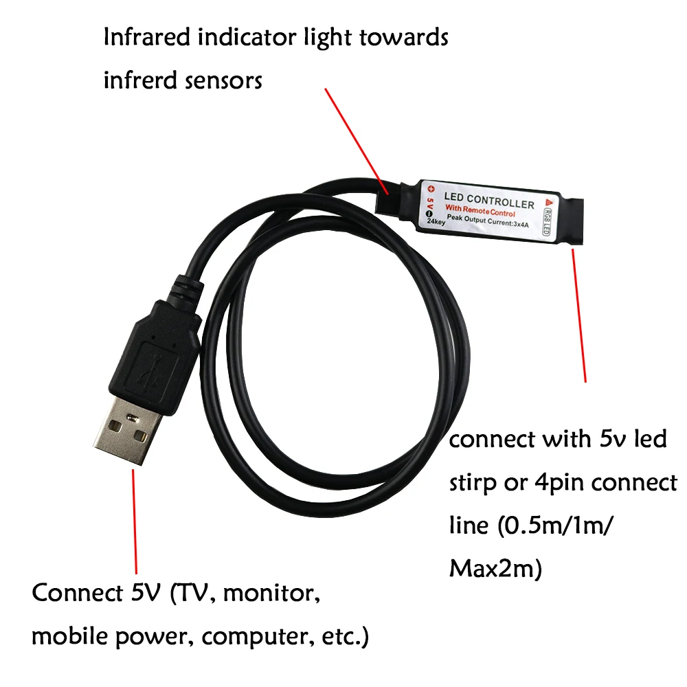 USB DC5V RGB LED Controller Mini 24key 12A RF Wireless Remote Controller for RGB 3528 5050 smd Led Strip tape lighting max 2m