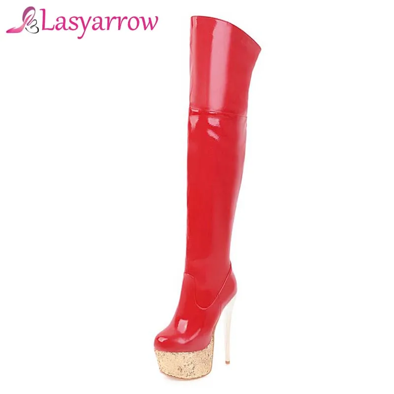 Lasyarrow Women\'s Stiletto Boots Sexy Women\'s Boots Black Red Patent Leather Shoes Woman Thin High Heels Thigh High Botas Mujer