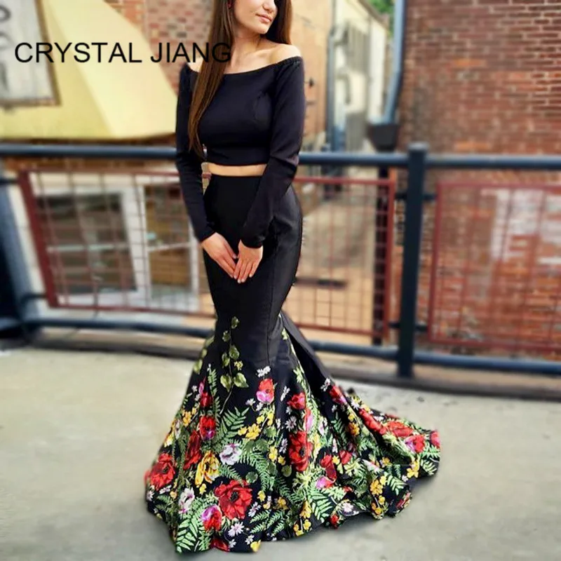 New Fashion Boat Neck Long Sleeves Formal Dress Custom made Two Pieces Mermaid Evening Dresses Long