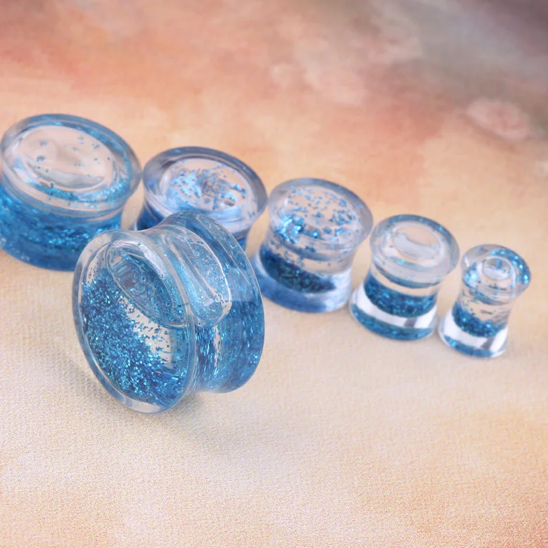 Promotion 1 Pair Blue Glitter Liquid  Ear Gauges Acrylic Ear Plug Earrings Gauges Body Piercing Jewellry Pircing Mixes