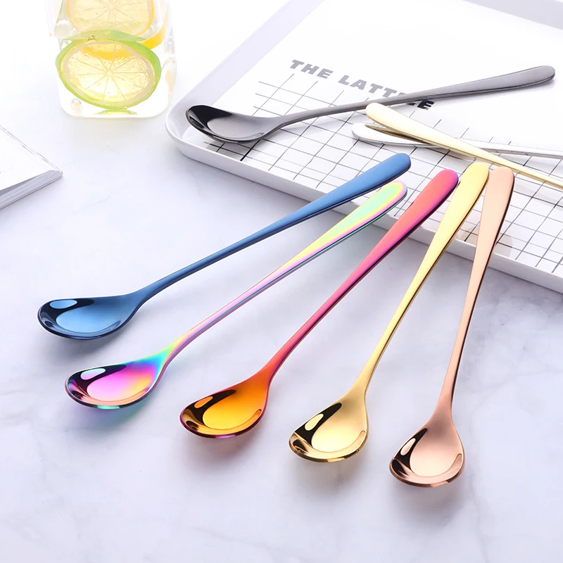 

1PC 18/10 Stainless Steel Long Handle Ice Spoon 9 Color Rainbow Tableware For Coffee&Tea Ice Cream Dessert Stirring Spoons Scoop