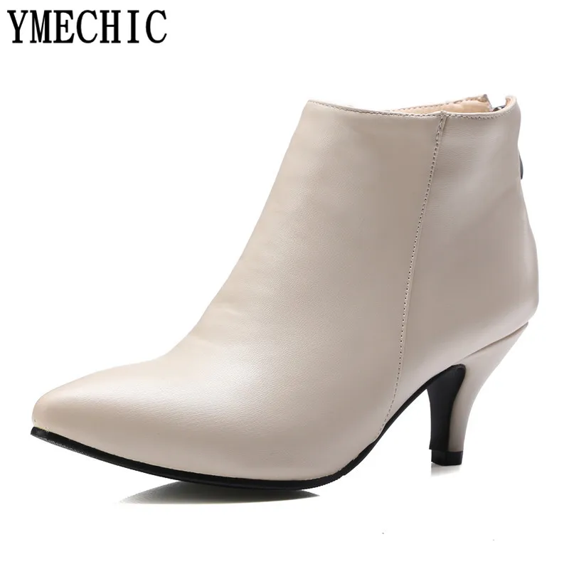 YMECHIC Autumn Pink Black Beige Large Size Shoes Women High Heel Ankle Boots Concise Sexy Leather Lady Thin Med Heels Pumps Boot