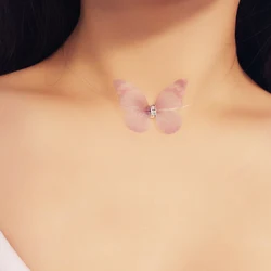 Fancy Colorful Yarn Butterfly Crystal Necklace Women Cute Girls Invisible Fishline Chain Choker Jewelry Party Girlfriend Gift