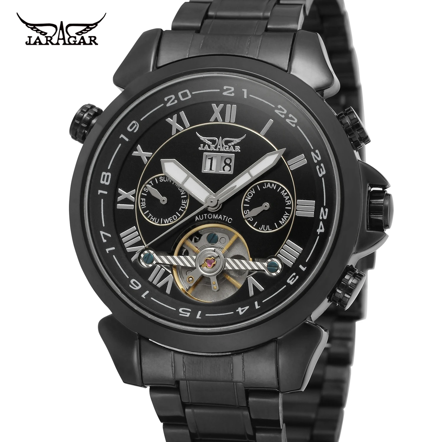 Jaragar Top Brand Aviator Series Silver Full Stainless Steel Toubillion Design Scale Dial Men Luxury Automatic Army Sports Watch