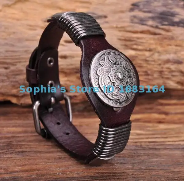 S542 Brown Biker Vintage Floral Studded Men\'s Leather Bracelet Wristband Cuff