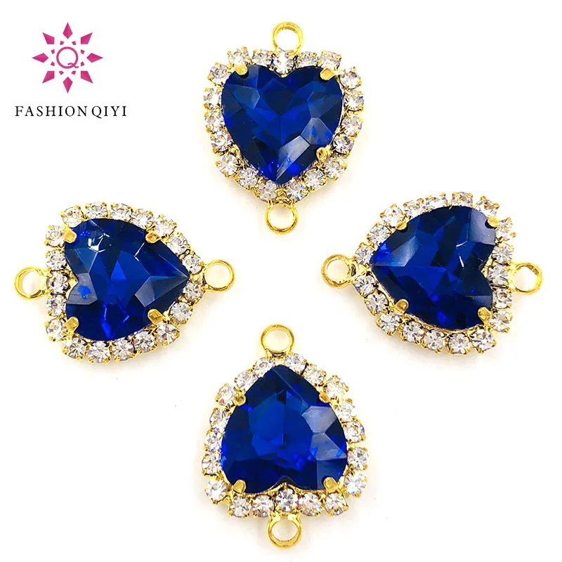 

HOT 12mm Royal blue heart shape gold base double loop Crystal button flatback Glass sew on rhinestones diy wedding decoration