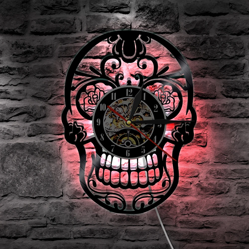 

The Day of Dead dia de los Muerte LED Lighting Wall Light Backlight Nightlight Mexican Skull Vinyl Record Wall Clock