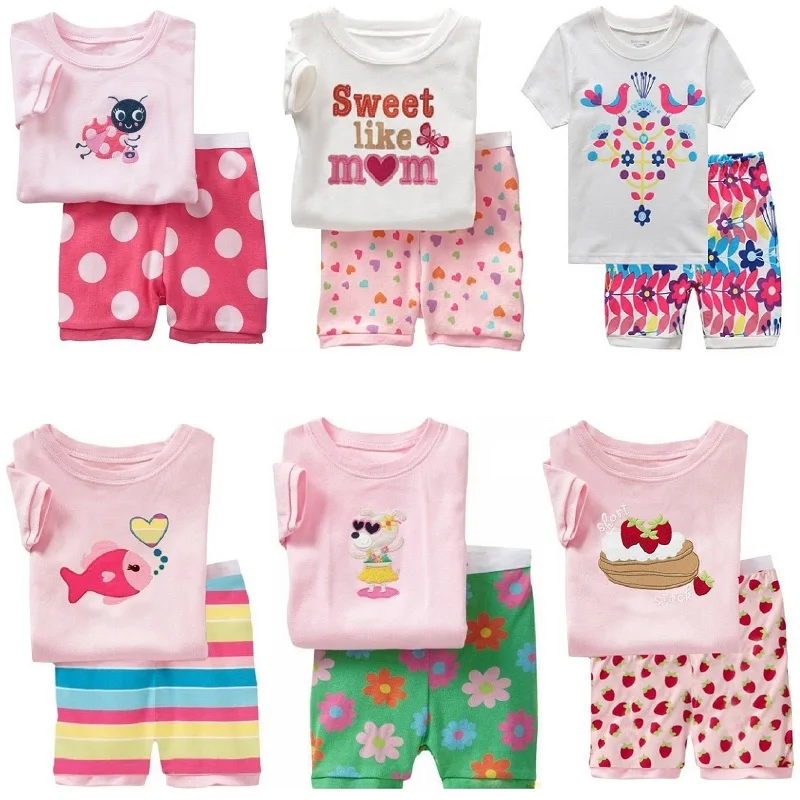 Hooyi Baby Girls Outfits 100% Cotton Summer Short Sleeve Kids Tee Shirts Shorts Pants 2 3 4 5 6 7 Year Girl\'s Pajamas Sleepwear