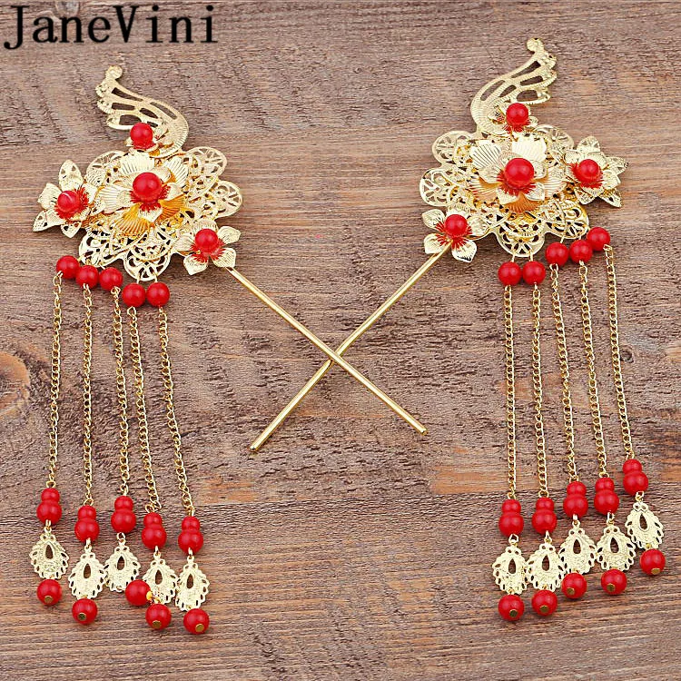 JaneVini Cheap Gold Chinese Bridal Hair Pins Wedding Hair Accessories Headdress Bride Red Floral Long Tassel Hairpin 2018