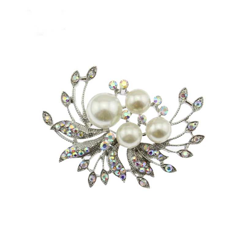 

30pcs/lot high quality 50mm elegant pearl flower with leaf Jewelry shining Rhinestone Pin Brooches for wedding