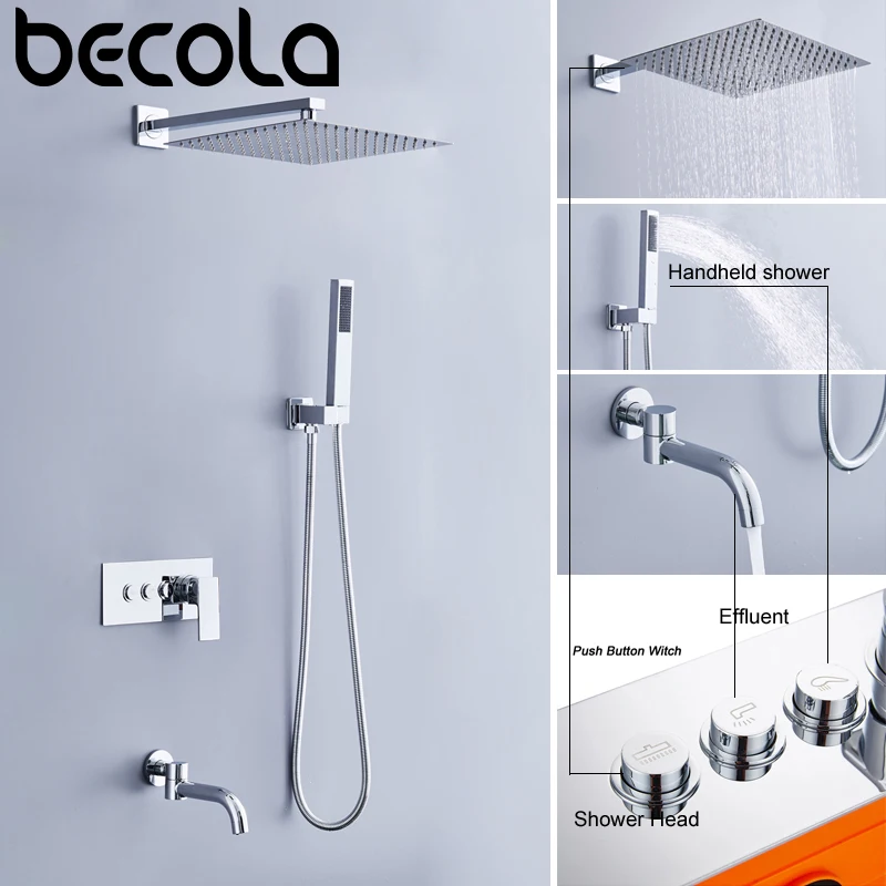 Becola The New Design of 3 Functional Water Shower Set Brass Wall Type Concealed Shower 8/10/12/16 Inch Stainless Steel Shower