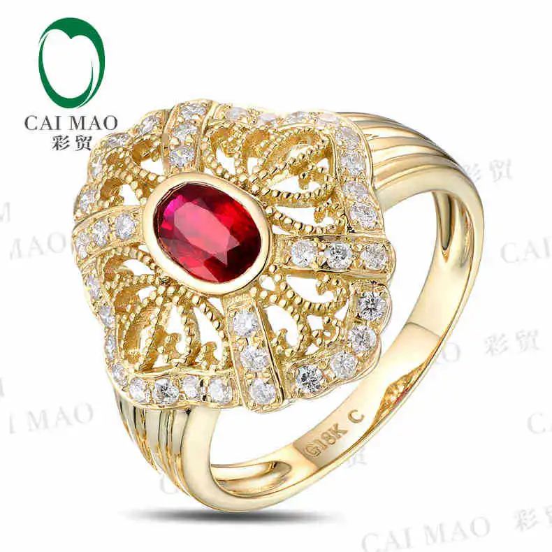 CaiMao 18KT/750 Yellow Gold 0.65 ct Natural Red Blood Ruby & 0.40 ct Round Cut Diamond Engagement Gemstone Ring Jewelry