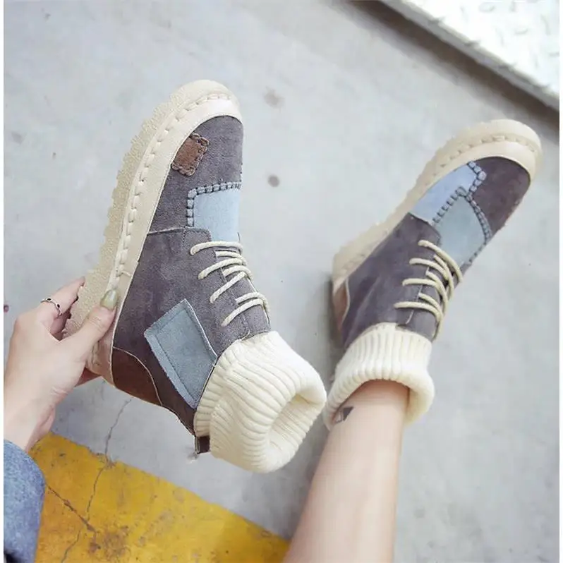 Autumn and Winter Women\'s High Top Boots Nubuck Plus Velvet Warm Casual Sneakers Round Toe Lace-Up Student Flat Boots