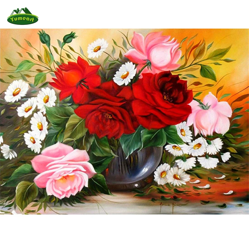 Red and Pink Rose Bunch of Flowers 5D DIY Diamond Embroidery Floral Diamond Painting Cross Stitch Rhinestone Mosaic Decoration