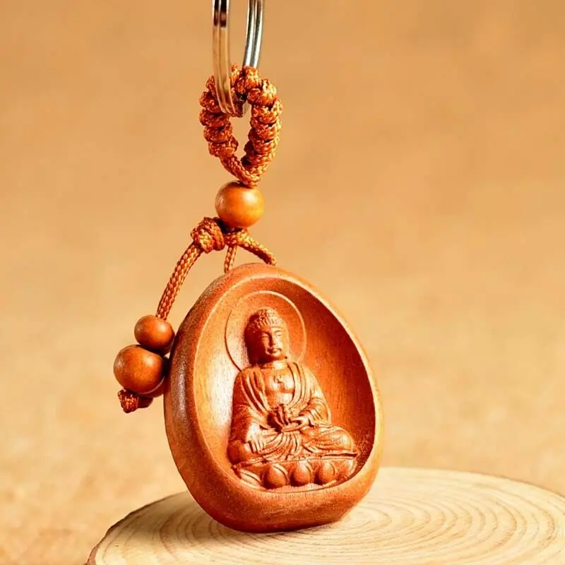 Wood Carved Chinese Bhaisajyaguru Medicine Buddha Statue Pendant Key Chain Ring