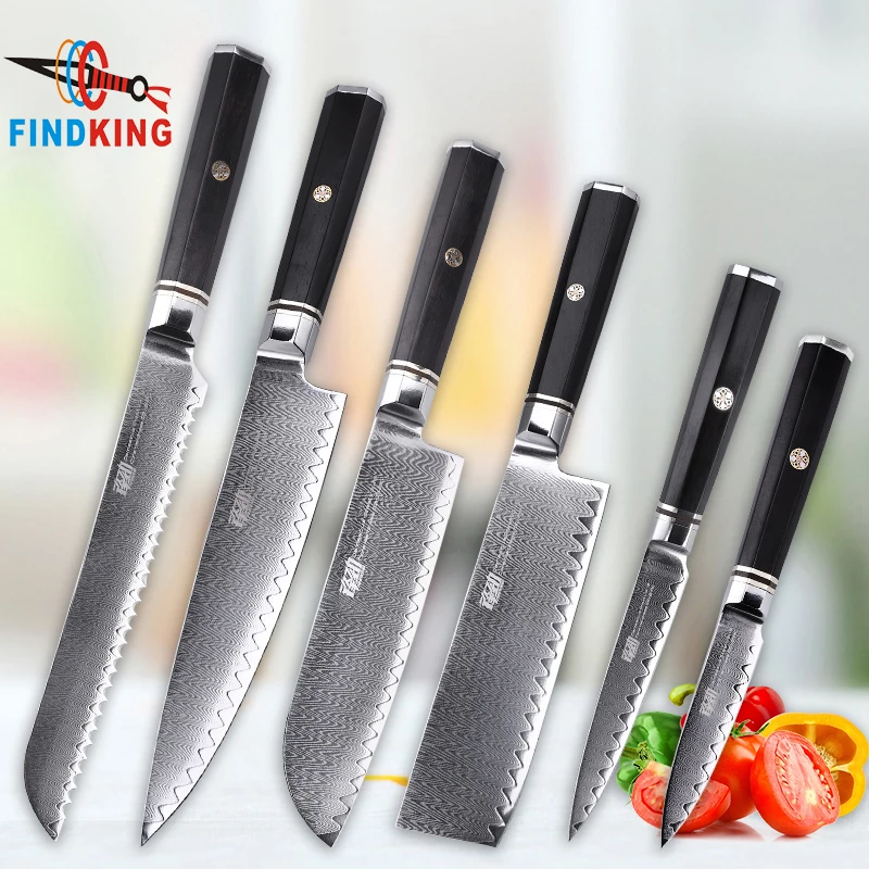 FINDKING Professional 5-6PCS Ladder Pattern Octagonal Handle 67 layer Damascus Steel Ebony Wood Chef Knife Set Kitchen Knife Set