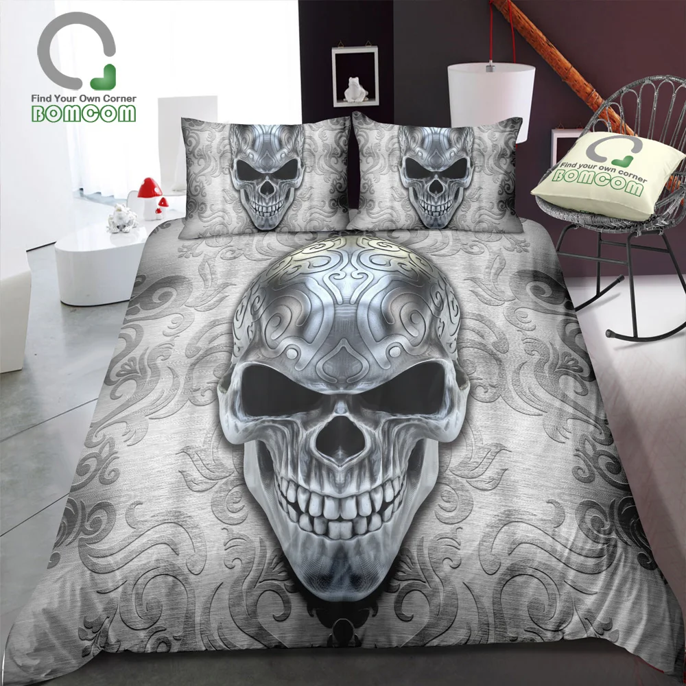 BOMCOM 3D Digital Printing Duvet cover set skull viking plaster Brushed Metal pattern ornamental Bedding Set 100% Microfiber