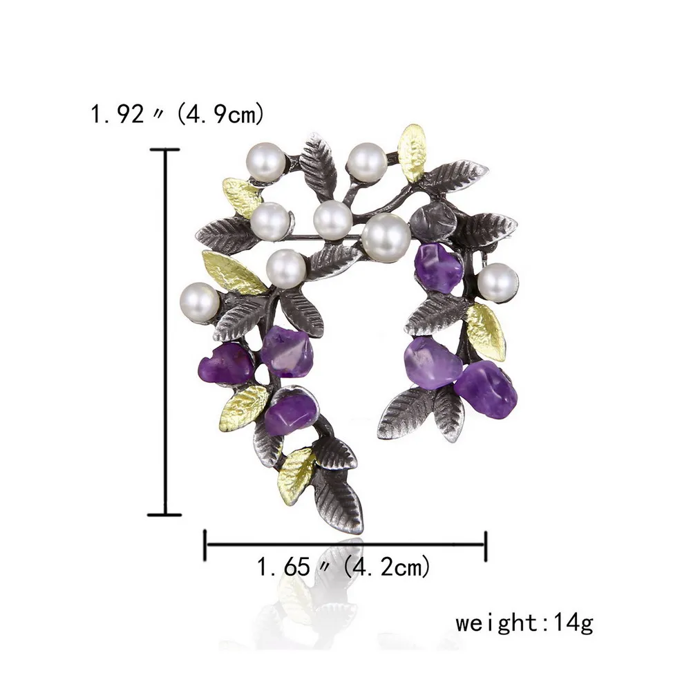 Purple Natural Stone Tree Leaf Brooches Pin Fashion Imitation Pearl Gravel Branch Women Lapel Badge Wedding Accessories Jewelry
