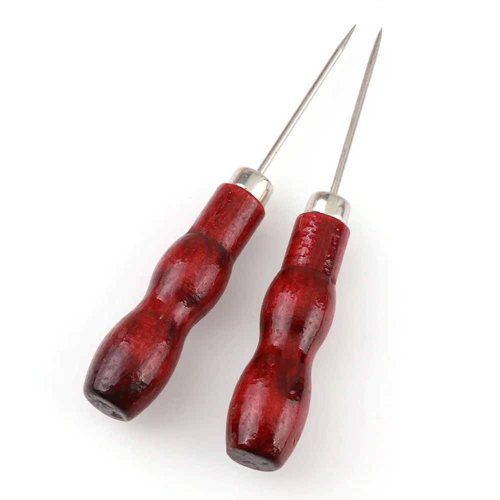 2Pcs Red Color Leather Craft Tip Awl Hand Sewing Tool Leather Edge Slicker Kit Awl Hole Puncher Positioning Drill Tools