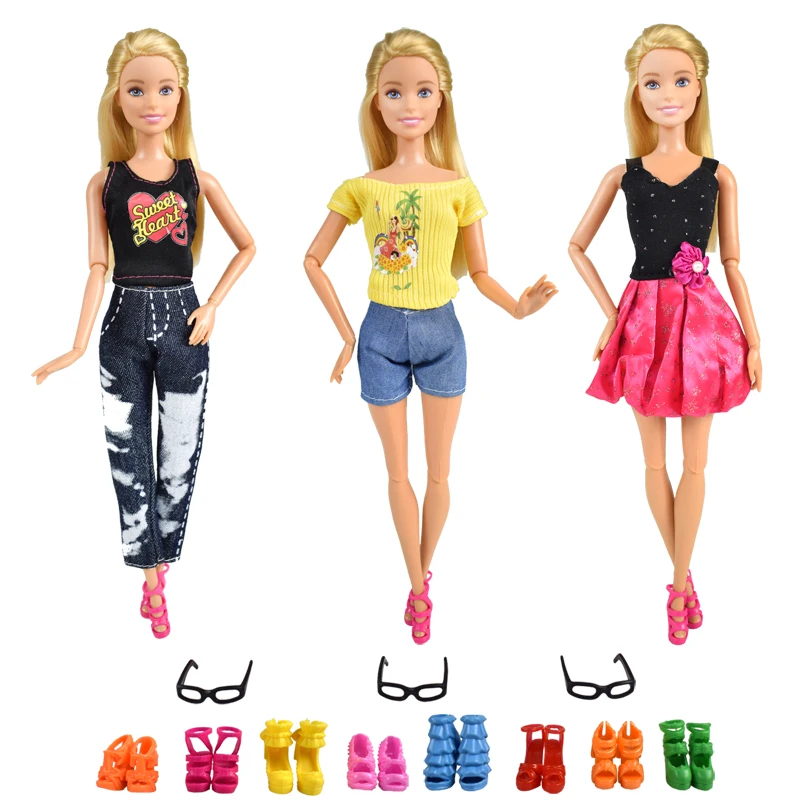 

9 Item/set = 3 Pcs Homemade Doll Clothes + 3 Pcs Glasses + Random 3 Pairs Shoes for Doll Supplies Accessories Girl Toys Gift