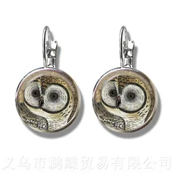 Owl Pattern Classic Stud Earrings Insect Art Picture 16mm Glass Cabochon Dome Silver Plated Earrings For Women Girls Gift