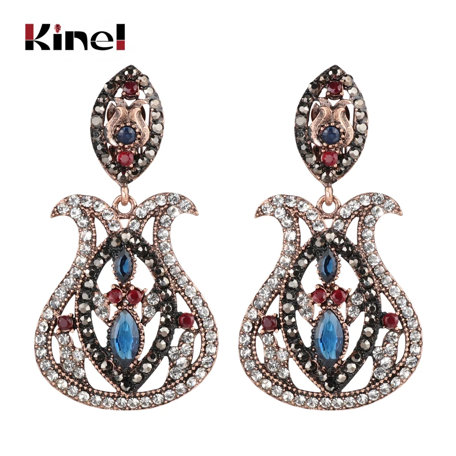 Kinel Fashion Bohemia Jewelry Blue Big Drop Earrings Inlaid Crystal Vintage Earrings For Women Antique Gold Color Christmas Gift