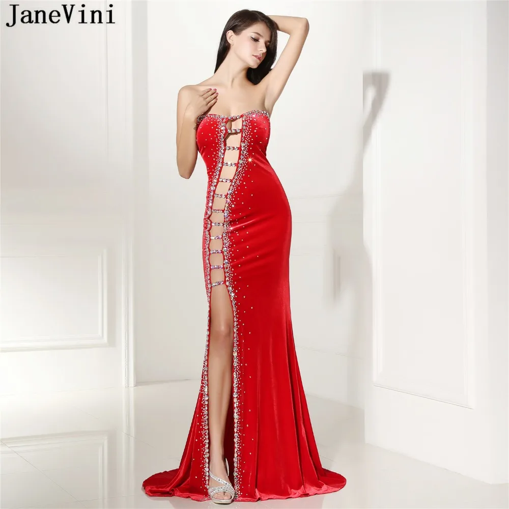 JaneVini-Vestidos de Noche formales sexys, sirena, madre de la novia, sin tirantes, cristal, lateral, abertura, Espalda descubierta, terciopelo, rojo árabe