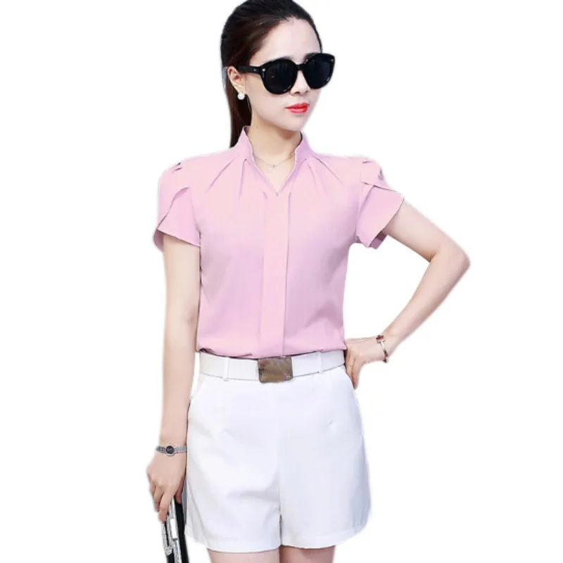 Women Shirt Chiffon Blusas Femininas Tops Short Petal Sleeve V-neck Elegant Ladies Formal Office Blouse Chiffon Shirt