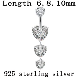 925 sterling silver navel ring heart body jewelry women dangle real pure silver S925 piercing jewelry 6 8 10 mm pin length