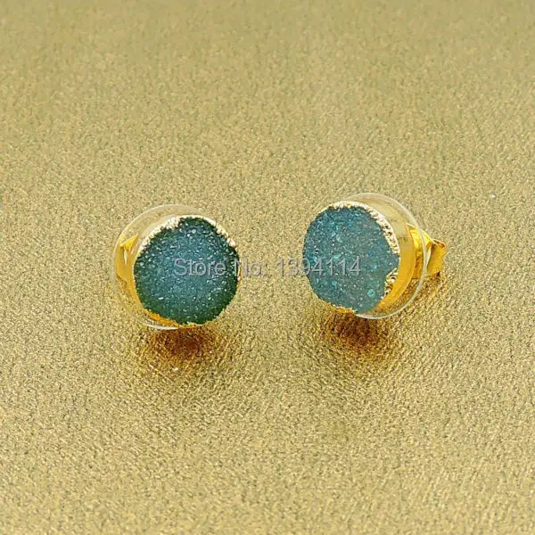 그린 마노 Druzy 라운드 귀걸이, 24k 골드 도금 약 8mm 10mm