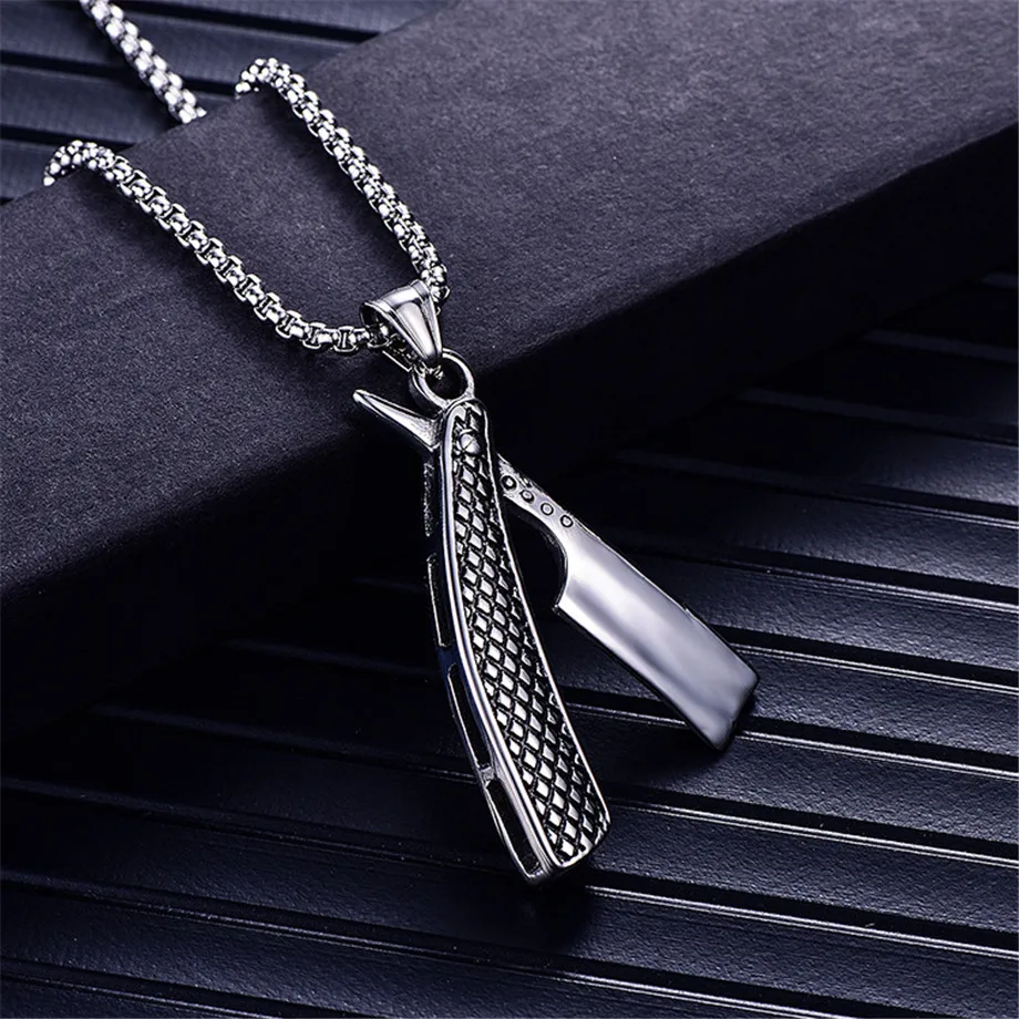 Punk Razor Blade Pendants Necklaces Gold Color Stainless Steel Chain Barber Shop Necklace for Men Jewelry