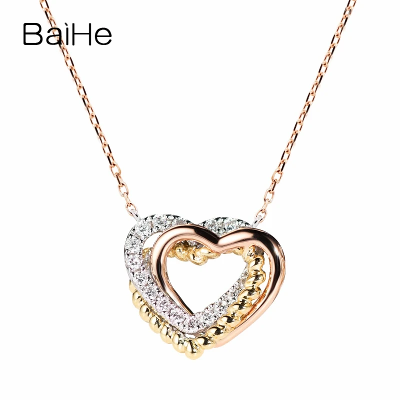 

BAIHE Real Solid 18K Tricolor Gold H/SI Natural Diamond Heart Necklace for Women Wedding Trendy Fine Jewelry Collar Collier