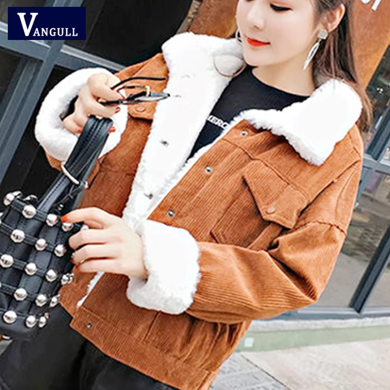 

Vangull Winter New Women Corduroy Jackets Single Breasted Thicken Coat Female Casual Solid Long Sleeve Velvet Lamb Outerwear