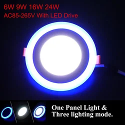 3 modèle rond bleu + blanc double couleur a mené le voyant 6w/9w/16w/24w AC85-265V a enfoncé des lumières d'intérieur de plafonnier de LED