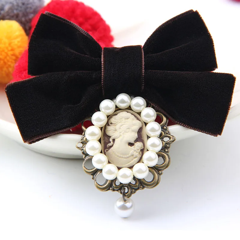 Fashion Women Pretty Velvet Ribbon Bowknot Beautiful Cameo Lady Head Simulated-pearl Brooches Vintage Elegant Costume Jewelry