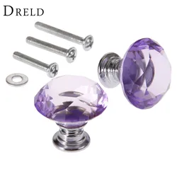 DRELD 2Pcs 30mm Diamond Crystal Drawer Pulls Glass Door Cabinet Wardrobe Pull Knobs Purple Furniture Handles + 6Pcs Screws