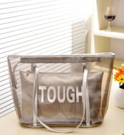 New Hot Fashion Waterproof Half Transparent Hand Bag PVC Summer Beach Bag and Polyester with Small Storage Bag