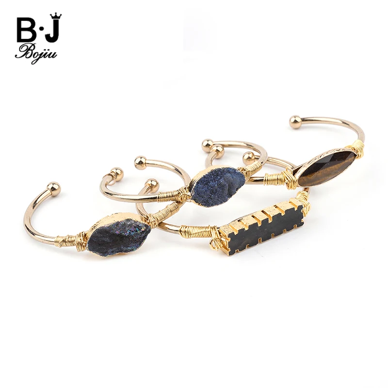 

BOJIU Natural Stone Gold-color Cuff Bangles Women Oval Blue Rainbow Druzy Crystal Tiger Eye Rectangle Labradorite Bangle BR035