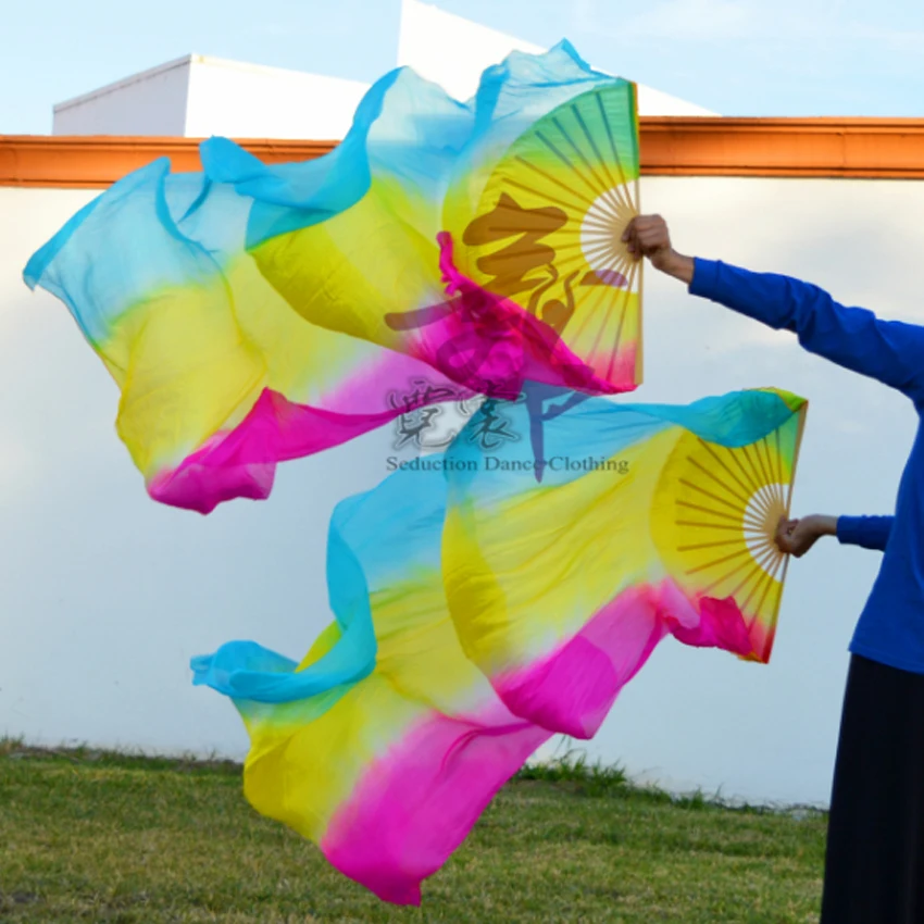 100% Silk high quality Natural Silk Chinese 1 Pair of belly dancing fans 3 colors handmade hand dyed silk veils dance fans