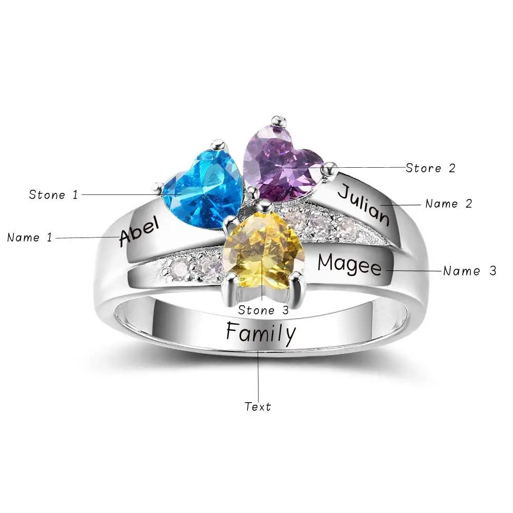 Amxiu Custom 3-6 Family Names Rings Personalized 925 Silver Ring with Birthstones Large Zircon Rings For Women Mother's Gift