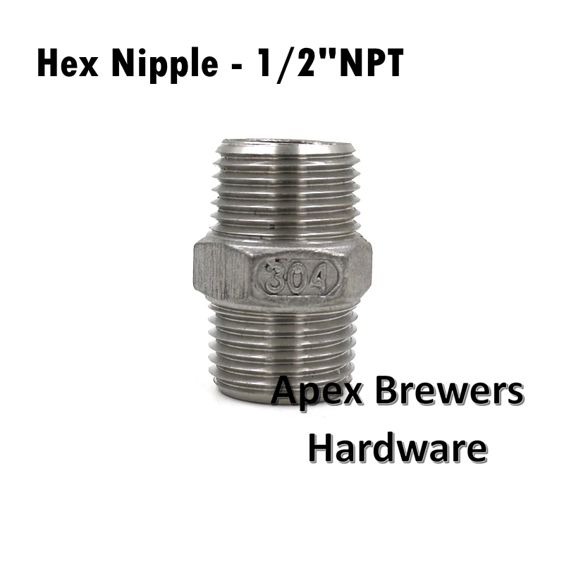 

Hex Nipple, 1/2" NP1-1/2" Long, Double Thread Nipple, 5pcs/lot, Stainless Steel 304, Brewer Hardware