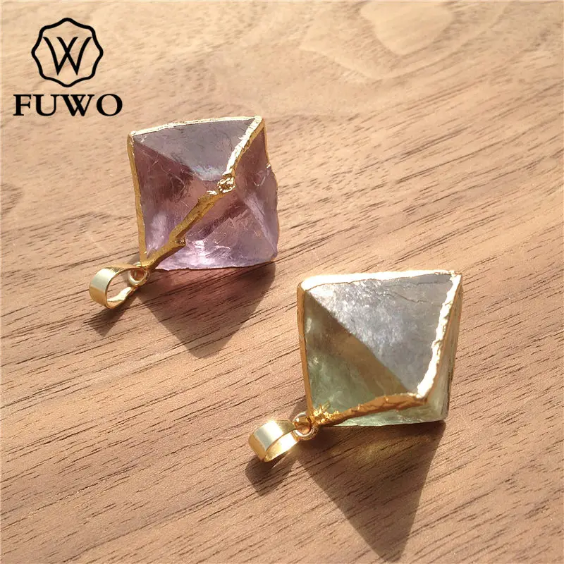 FUWO Wholesale Natural Fluorite Octahedron Pendant,Golden Plated Raw Crystal Accessories For Women Jewelry Making 5Pcs/Lot PD079