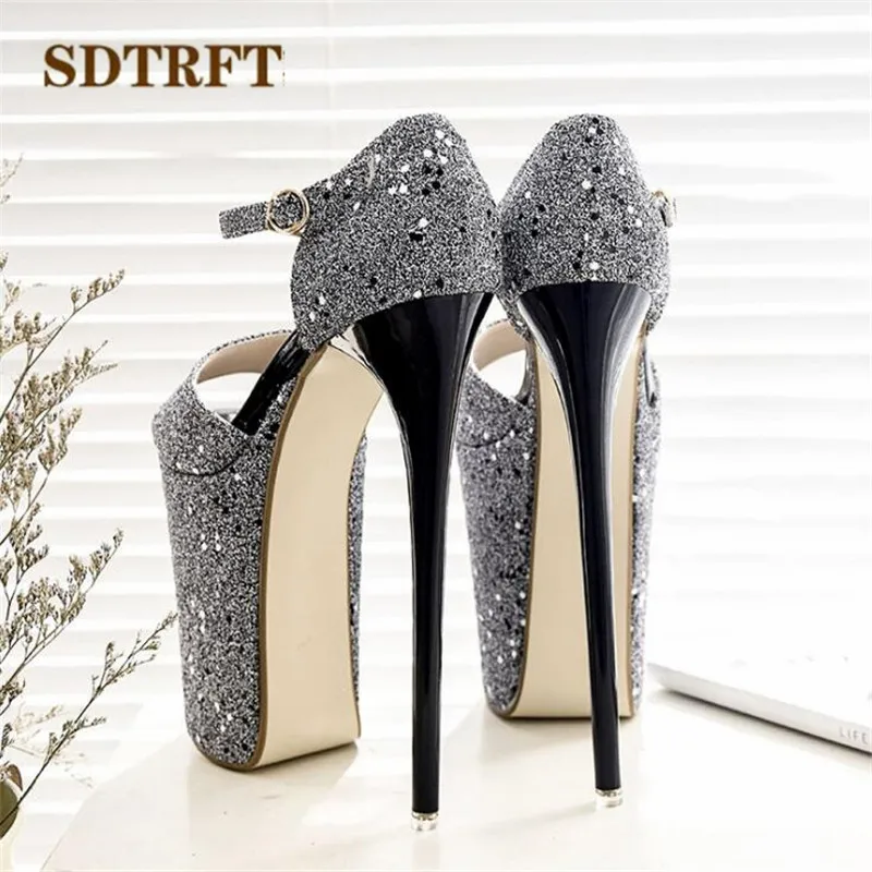 SDTRFT Sequins shoes woman Plus:34-42 43 Summer ladies platforms Pumps Sexy 20cm thin Heels Narrow Band dress Sandals US14 15 16