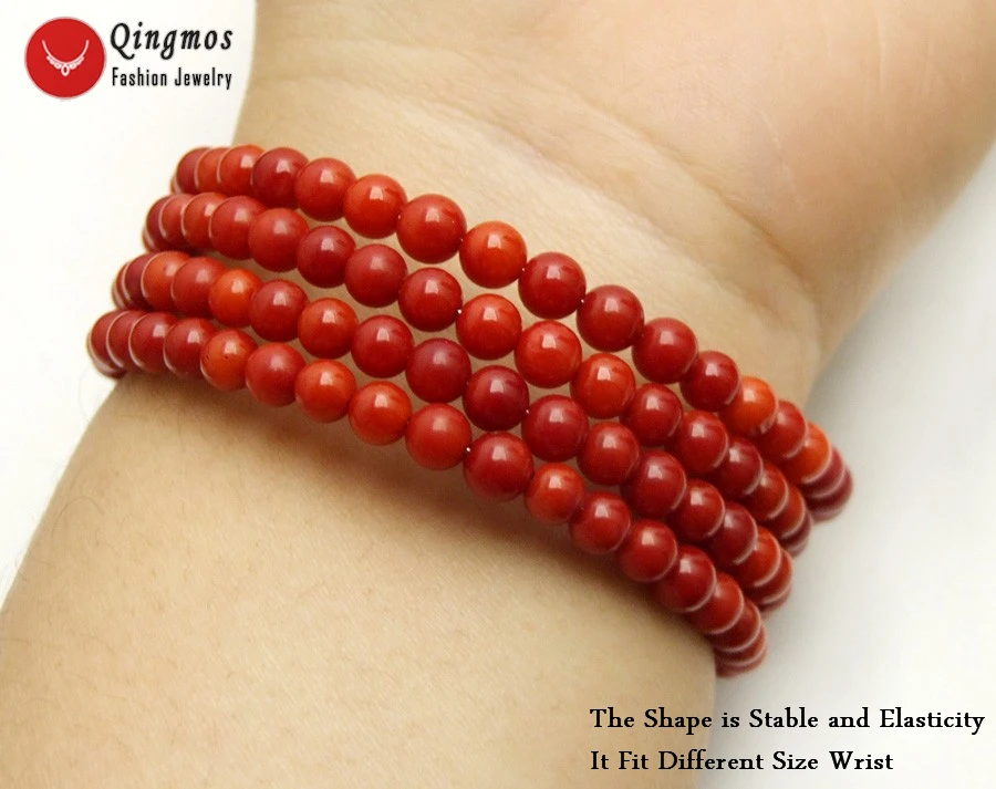 Qingmos Trendy Natural Coral Bracelets for Women with 4-5mm Round Red Coral Steel Wire Wrap Bracelet Fine Jewelry 28'' bra448