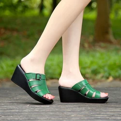 Genuine Leather Women Slippers Female Fashion, Thick Bottom Summer Sandals Buckle, Decoration Real Leather Wedged Shoes