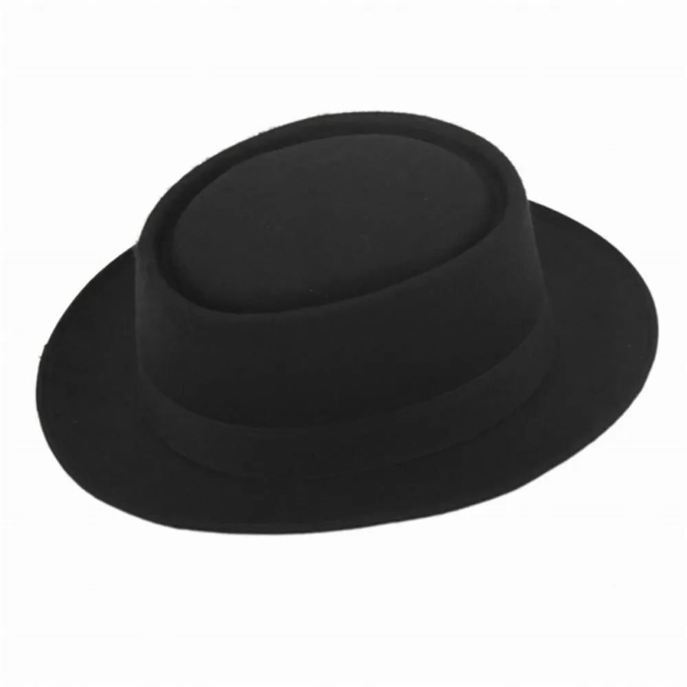 LUCKYLIANJI Unisex Retro Felt Pork Pie Porkpie Hat Cap Oval Short Brim Black Ribbon Band Bowler (One Size:58cm)