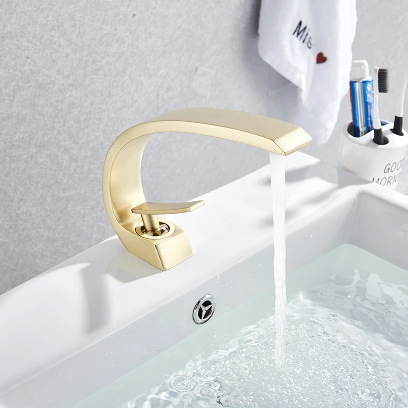 MYQualife Creative Design Brushed Gold Basin Faucet  Washing Basin Mixer Deck Mounted Cold and Hot Bathroom Faucet