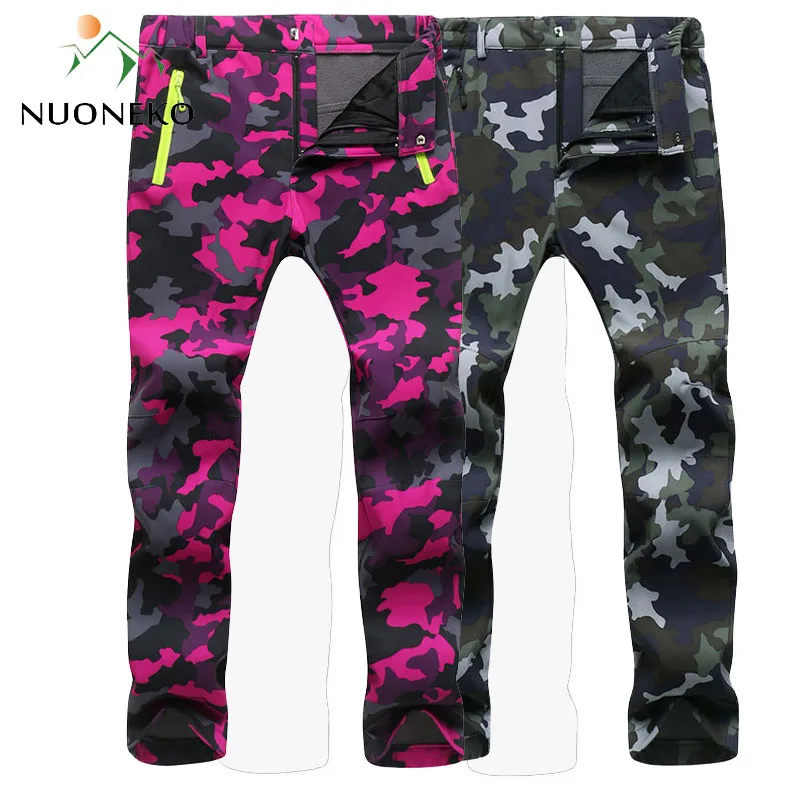 NUONEKO New Women Men Fleece Warm Hiking Pants Outdoor Sport Camping Fishing Skiing Trekking Waterproof Windproof  Trousers PM24