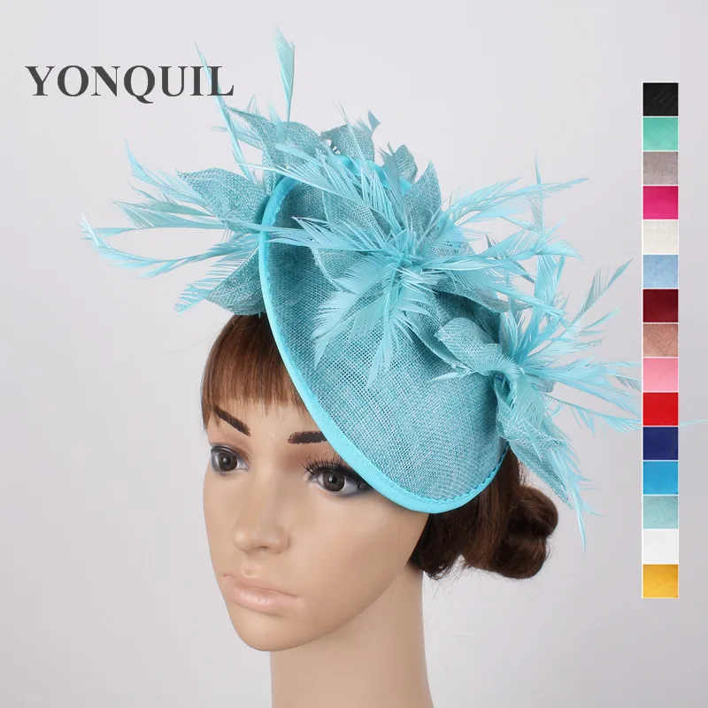 

Beautiful Flower Cap On Top Imitation Linen Women Party Turquoise Fascinator Hats Derby Wedding Church Races Feather Pillobx Hat