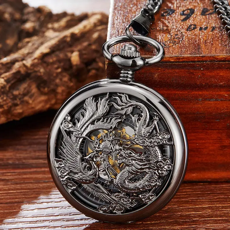 Vintage Black Mechanical Pocket Watch Retro Dragon Phoenix Hand Winding Hollow Fob Watch Men Women Necklace Chain Gift